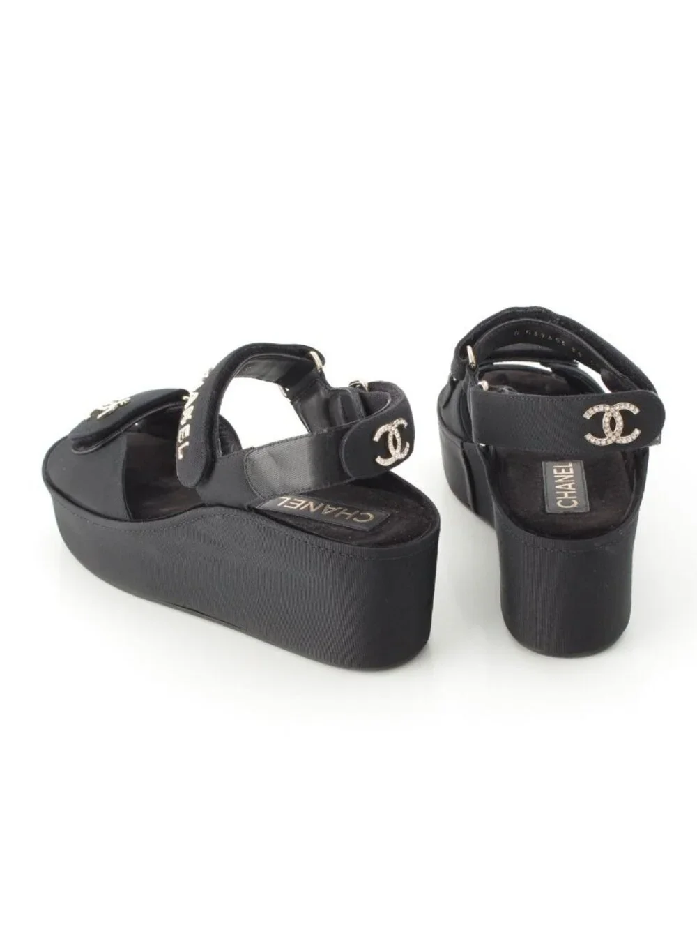 Chanel Rhinestone CC Logo Velcro Sandals Shoes Black 38C